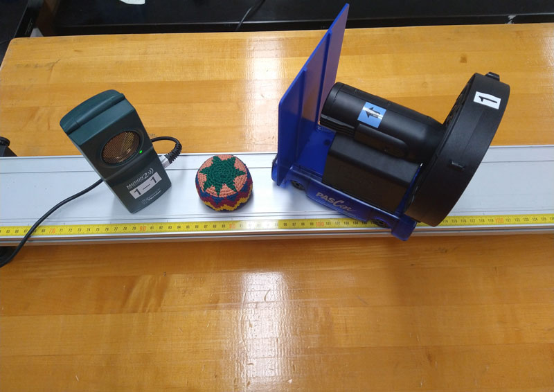 student station lab equipment items: 1 motion sensor, 1 cart, two rubber bands, 1 cart fan, 1 hackie sack