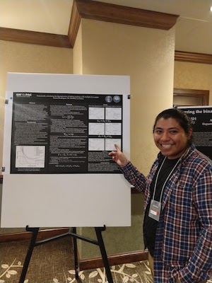 Students pointing at their research displays next to an image of the GWPAC members smiling on their flight to the 2019 LIGO Meeting
